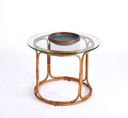 Mid-Century Italian Round Rattan & Bamboo Coffee Table with Glass Shelf, 1960s-JDR-1444445