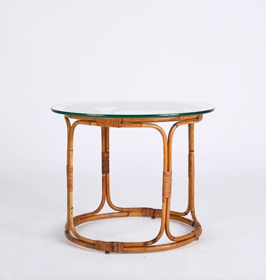 Mid-Century Italian Round Rattan & Bamboo Coffee Table with Glass Shelf, 1960s-JDR-1444445