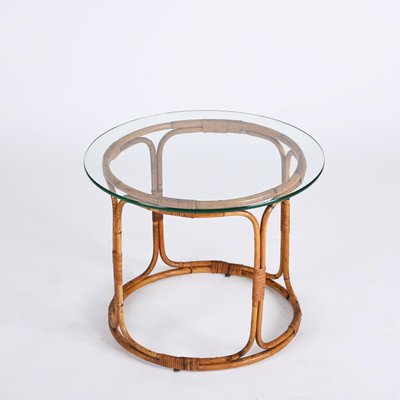 Mid-Century Italian Round Rattan & Bamboo Coffee Table with Glass Shelf, 1960s-JDR-1444445