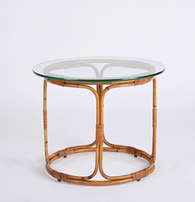 Mid-Century Italian Round Rattan & Bamboo Coffee Table with Glass Shelf, 1960s-JDR-1444445