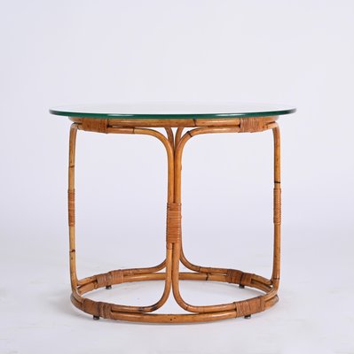 Mid-Century Italian Round Rattan & Bamboo Coffee Table with Glass Shelf, 1960s-JDR-1444445