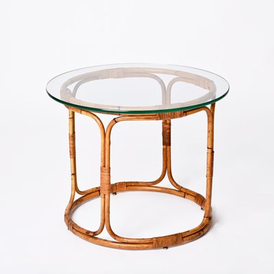 Mid-Century Italian Round Rattan & Bamboo Coffee Table with Glass Shelf, 1960s-JDR-1444445