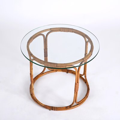 Mid-Century Italian Round Rattan & Bamboo Coffee Table with Glass Shelf, 1960s-JDR-1444445