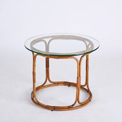 Mid-Century Italian Round Rattan & Bamboo Coffee Table with Glass Shelf, 1960s-JDR-1444445