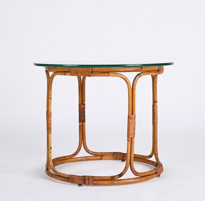 Mid-Century Italian Round Rattan & Bamboo Coffee Table with Glass Shelf, 1960s-JDR-1444445