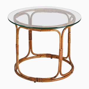 Mid-Century Italian Round Rattan & Bamboo Coffee Table with Glass Shelf, 1960s-JDR-1444445