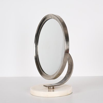 Mid-Century Italian Round White Carrara Marble and Steel Dressing Mirror, 1960s-JDR-1369952