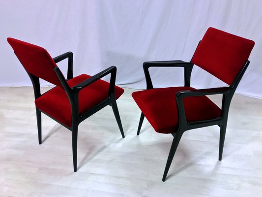 Mid-Century Italian Scarlet Red Velvet Armchairs, 1950s, Set of 2-MTX-1118653