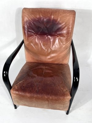 Mid-Century Italian Sculptural Leather and Curved Wood Armchair, 1950s-OT-1444728