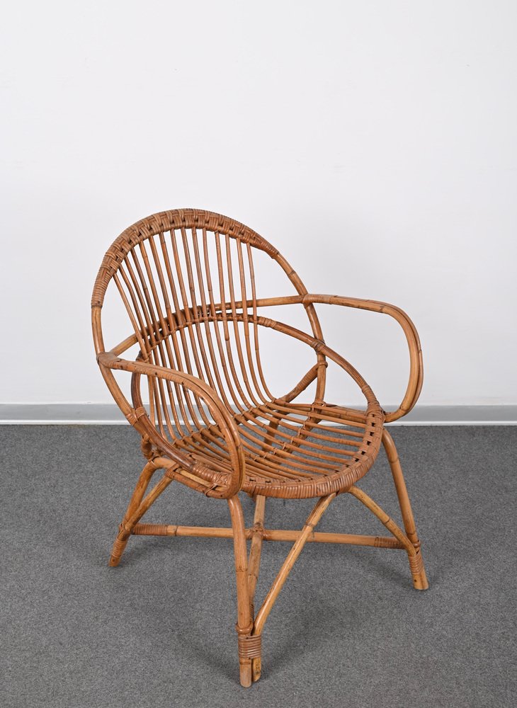 Mid-Century Italian Shell-Shaped Armchair in Rattan and Bamboo by Franco Albini, 1950s