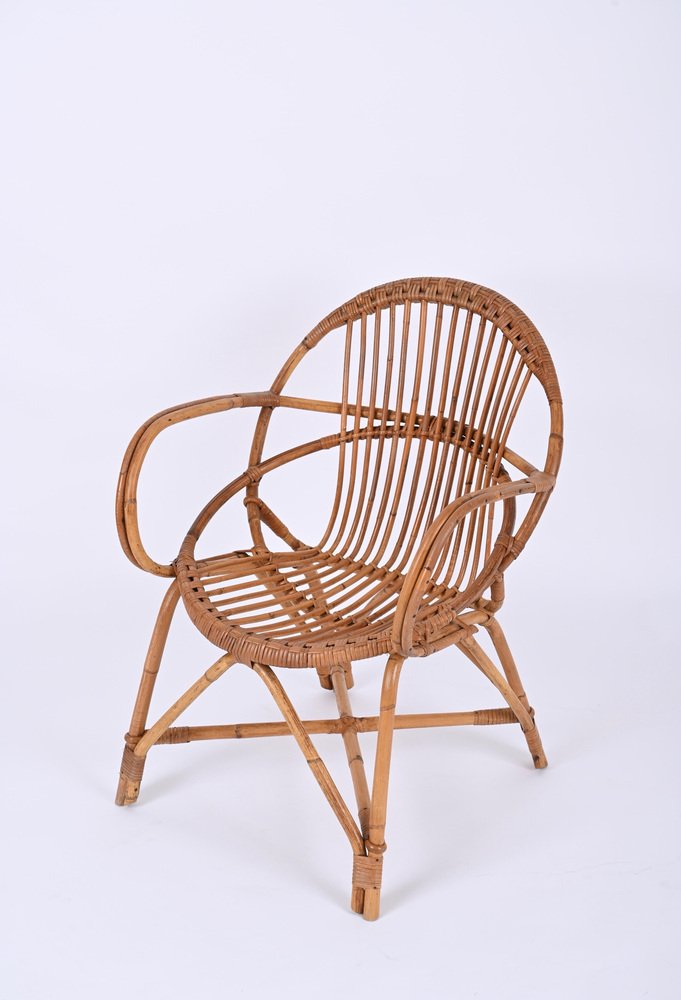 Mid-Century Italian Shell-Shaped Armchair in Rattan and Bamboo by Franco Albini, 1950s