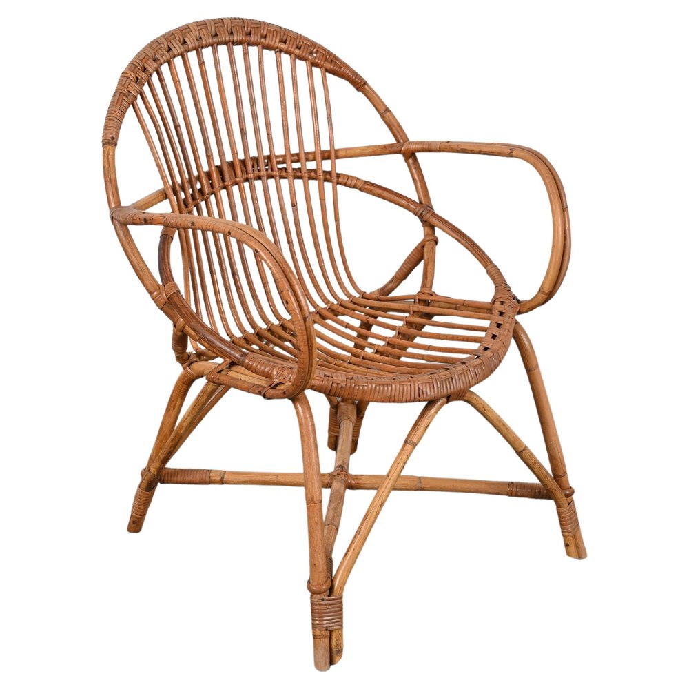 Mid-Century Italian Shell-Shaped Armchair in Rattan and Bamboo by Franco Albini, 1950s