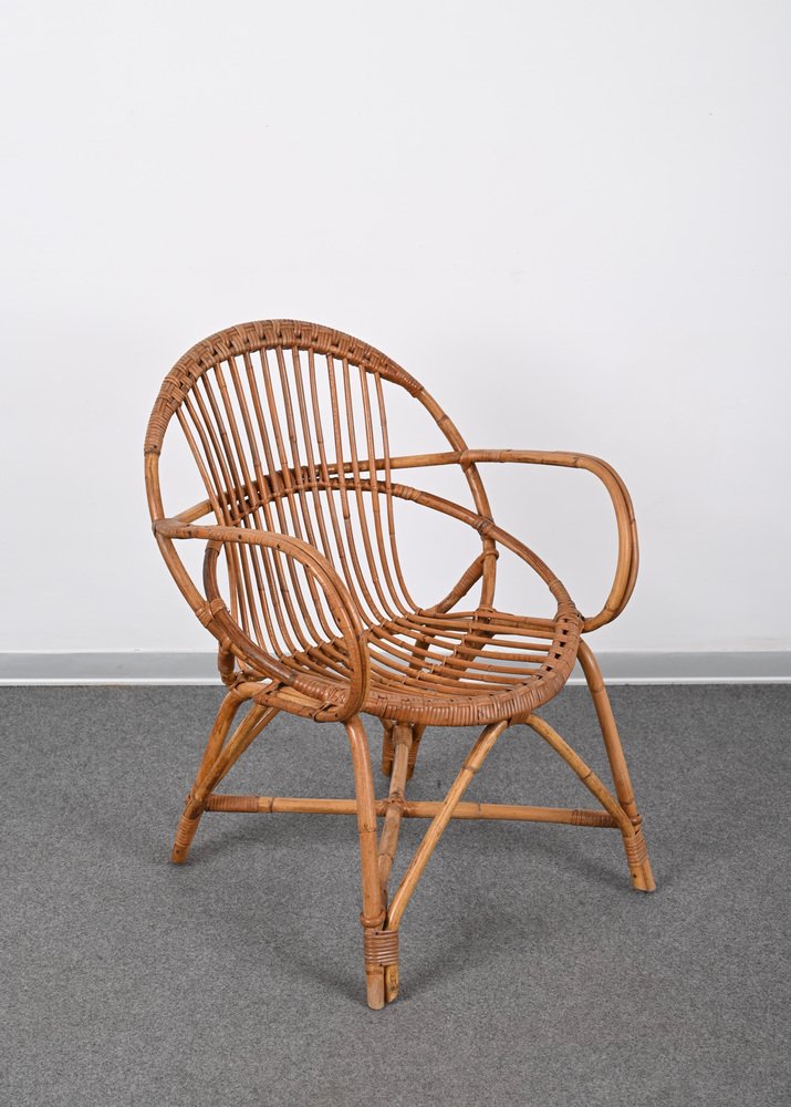 Mid-Century Italian Shell-Shaped Armchair in Rattan and Bamboo by Franco Albini, 1950s