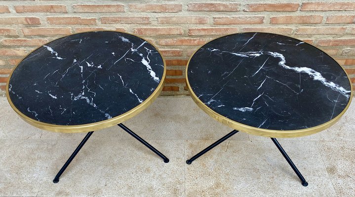 Mid-Century Italian Side Tables in Brass and Iron with Marble Tops, 1960s, Set of 2-NOU-1823025