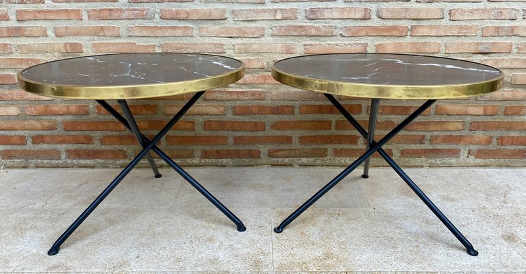 Mid-Century Italian Side Tables in Brass and Iron with Marble Tops, 1960s, Set of 2-NOU-1823025