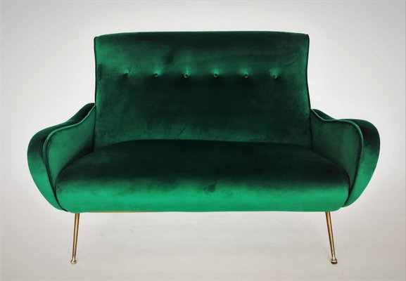 Mid-Century Italian Sofa or Settee in Green Velvet with Brass Tips, 1950s-VNE-965968