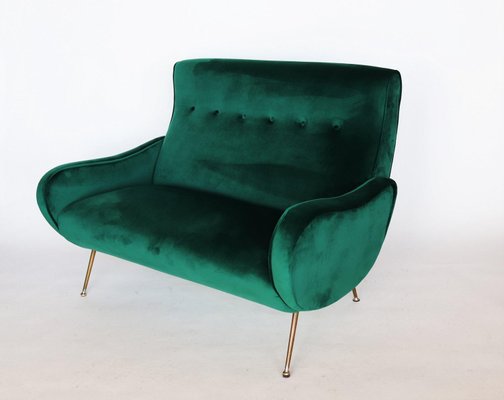 Mid-Century Italian Sofa or Settee in Green Velvet with Brass Tips, 1950s-VNE-965968