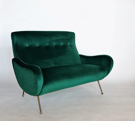 Mid-Century Italian Sofa or Settee in Green Velvet with Brass Tips, 1950s-VNE-965968