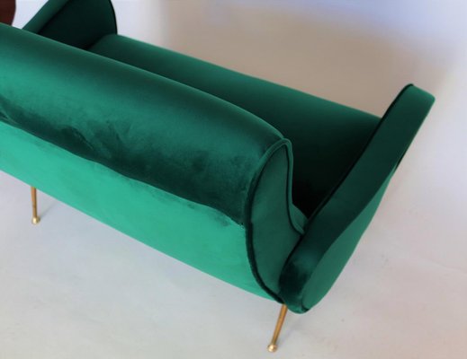 Mid-Century Italian Sofa or Settee in Green Velvet with Brass Tips, 1950s-VNE-965968