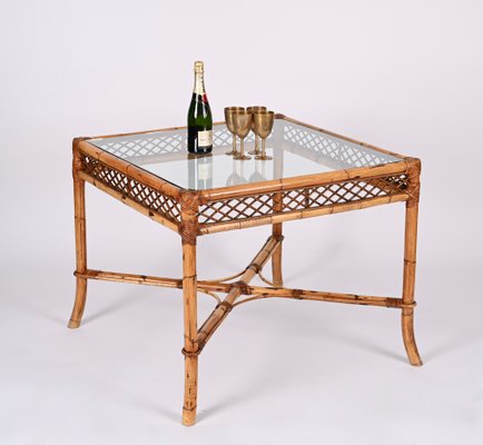 Mid-Century Italian Square Bamboo Dining Table with Glass Top from Vivai Del Sud, 1960s-JDR-1408641