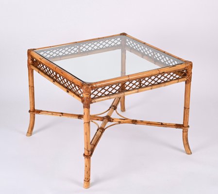 Mid-Century Italian Square Bamboo Dining Table with Glass Top from Vivai Del Sud, 1960s-JDR-1408641