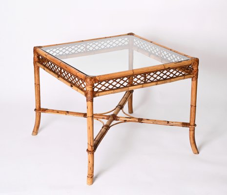 Mid-Century Italian Square Bamboo Dining Table with Glass Top from Vivai Del Sud, 1960s-JDR-1408641