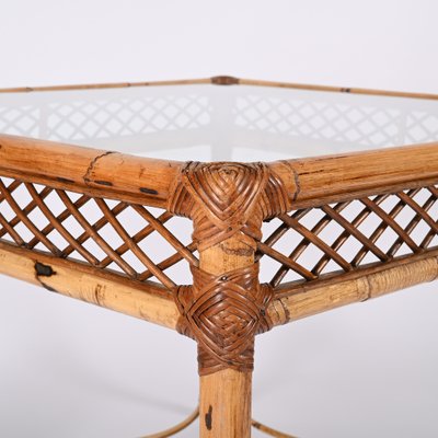 Mid-Century Italian Square Bamboo Dining Table with Glass Top from Vivai Del Sud, 1960s-JDR-1408641