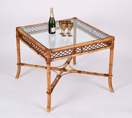 Mid-Century Italian Square Bamboo Dining Table with Glass Top from Vivai Del Sud, 1960s-JDR-1408641