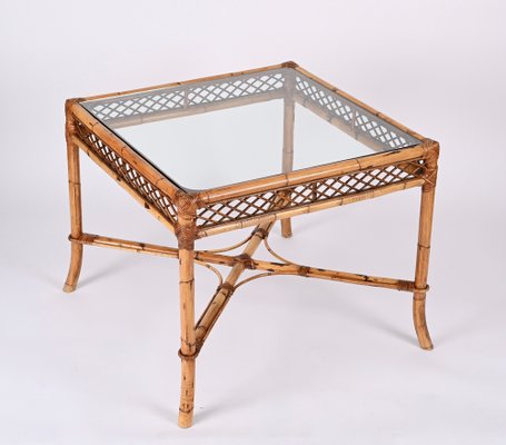 Mid-Century Italian Square Bamboo Dining Table with Glass Top from Vivai Del Sud, 1960s-JDR-1408641