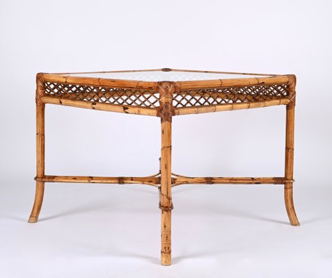 Mid-Century Italian Square Bamboo Dining Table with Glass Top from Vivai Del Sud, 1960s-JDR-1408641