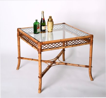 Mid-Century Italian Square Bamboo Dining Table with Glass Top from Vivai Del Sud, 1960s-JDR-1408641