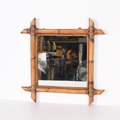 Mid-Century Italian Square Mirror with Bamboo Woven Wicker Frame, 1970s-JDR-1357685