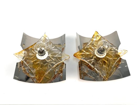 Mid-Century Italian Steel and Murano Amber Glass Sconces from Mazzega, 1970s, Set of 2-JDR-1126167