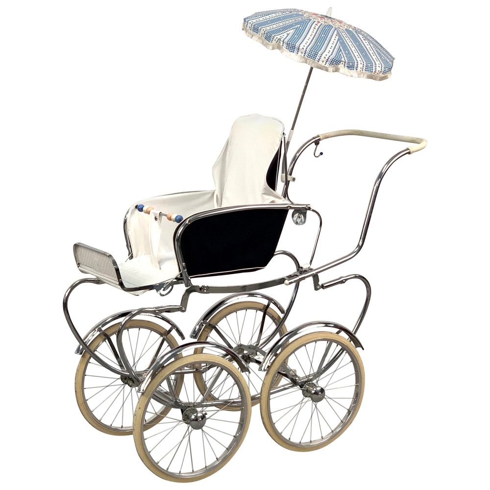 Mid-Century Italian Steel & White Fabric Baby Pram Stroller from Giordani, 1950s