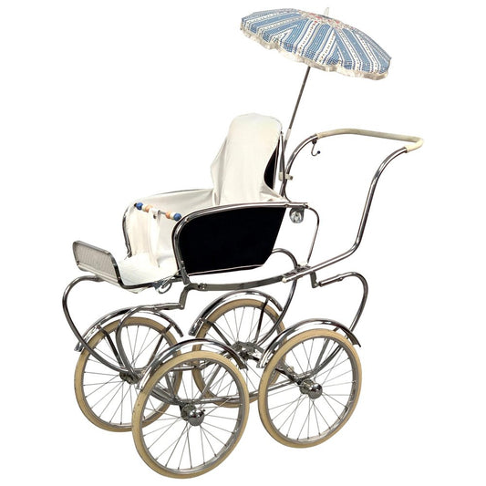 Mid-Century Italian Steel & White Fabric Baby Pram Stroller from Giordani, 1950s