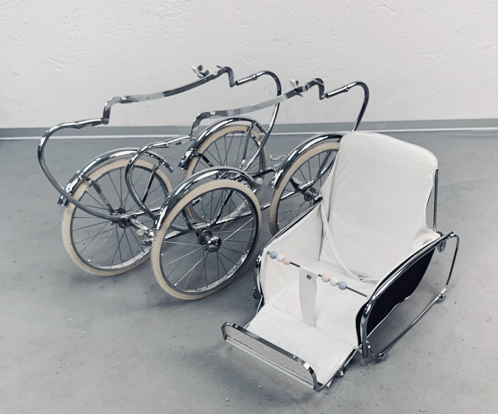 Mid-Century Italian Steel & White Fabric Baby Pram Stroller from Giordani, 1950s