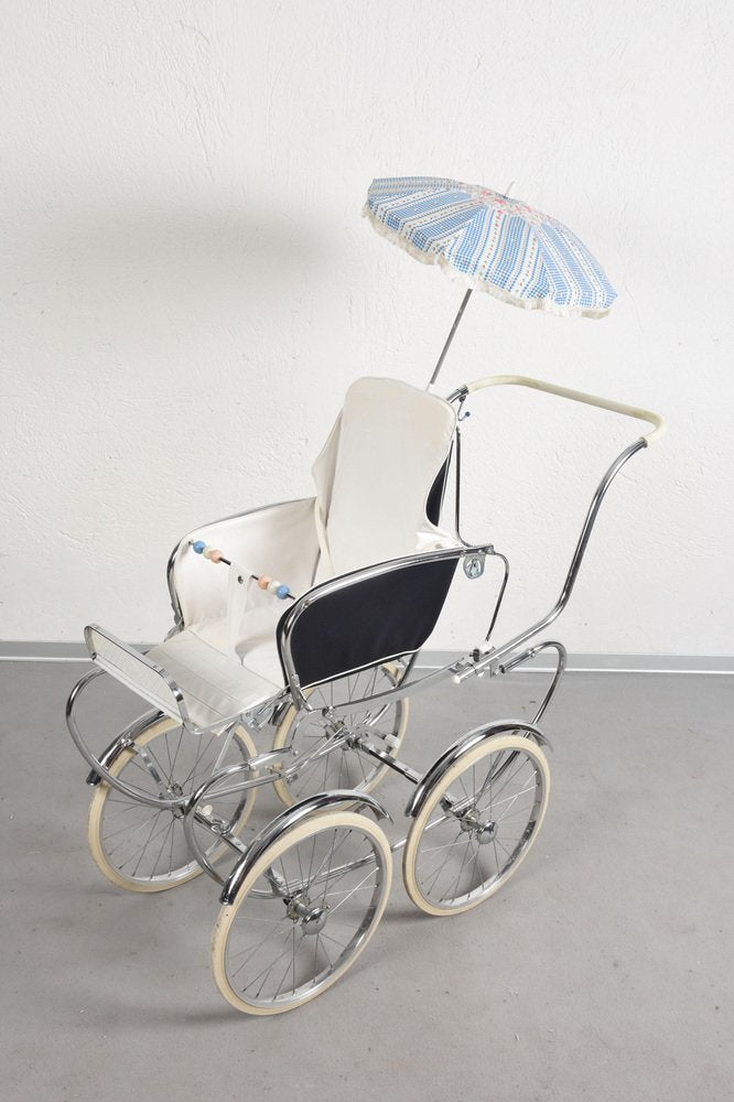 Mid-Century Italian Steel & White Fabric Baby Pram Stroller from Giordani, 1950s