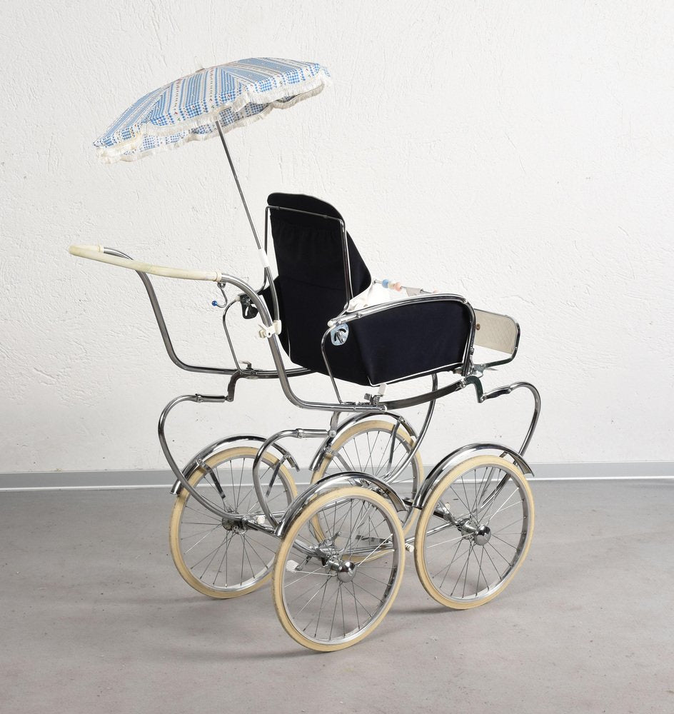 Mid-Century Italian Steel & White Fabric Baby Pram Stroller from Giordani, 1950s