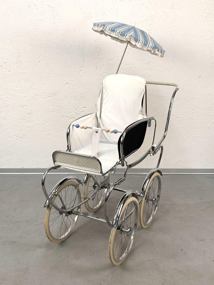 Mid-Century Italian Steel & White Fabric Baby Pram Stroller from Giordani, 1950s