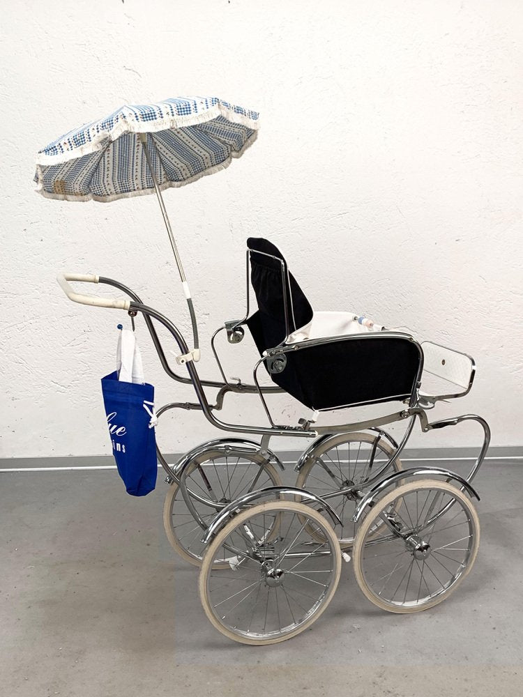 Mid-Century Italian Steel & White Fabric Baby Pram Stroller from Giordani, 1950s