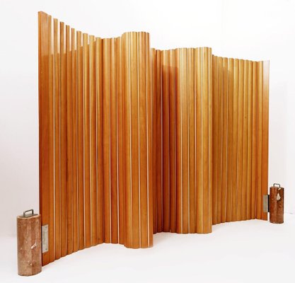 Mid-Century Italian Tambour Screen Room Divider in Solid Golden Mahogany & Rosso-JG-1342606