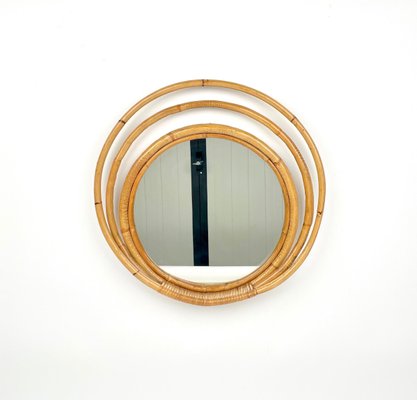 Mid-Century Italian Three Level Round Bamboo & Rattan Wall Mirror, 1960s-LYQ-1272835