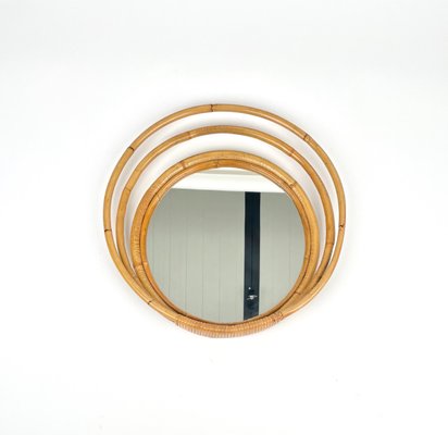 Mid-Century Italian Three Level Round Bamboo & Rattan Wall Mirror, 1960s-LYQ-1272835