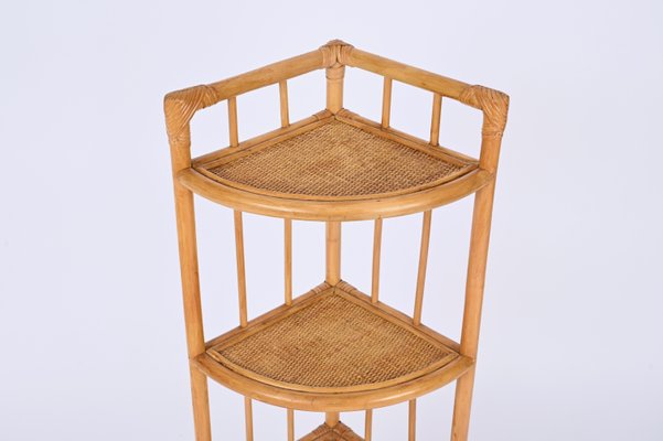 Mid-Century Italian Triangular Bamboo and Rattan Corner Bookcase, 1970s-JDR-1798571