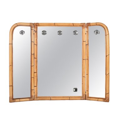 Mid-Century Italian Triple Folding Bamboo Mirror with Dimmable Lighting, 1970s-JDR-1377998