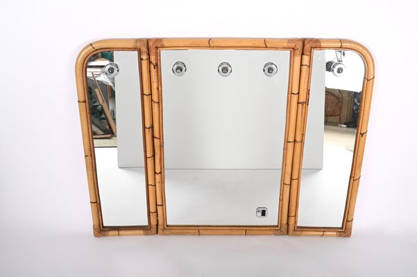 Mid-Century Italian Triple Folding Bamboo Mirror with Dimmable Lighting, 1970s-JDR-1377998