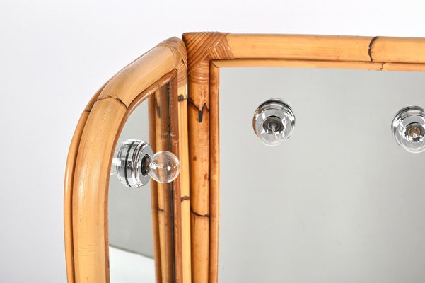 Mid-Century Italian Triple Folding Bamboo Mirror with Dimmable Lighting, 1970s-JDR-1377998