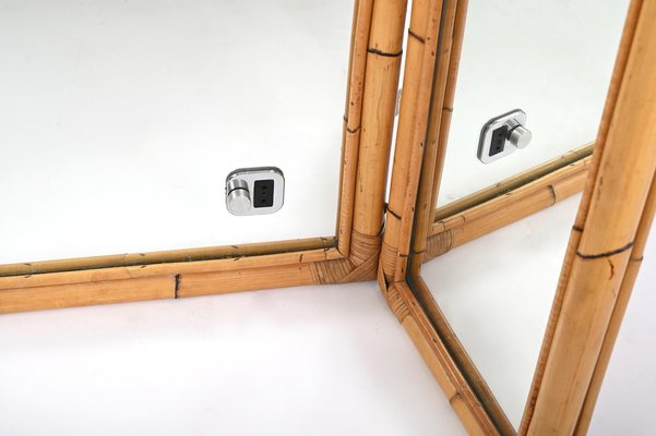 Mid-Century Italian Triple Folding Bamboo Mirror with Dimmable Lighting, 1970s-JDR-1377998