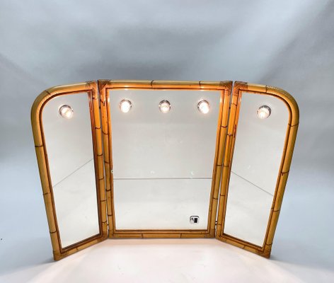 Mid-Century Italian Triple Folding Bamboo Mirror with Dimmable Lighting, 1970s-JDR-1377998