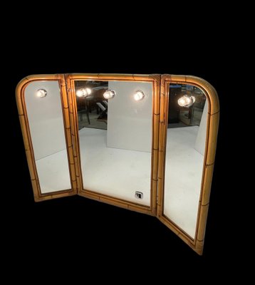 Mid-Century Italian Triple Folding Bamboo Mirror with Dimmable Lighting, 1970s-JDR-1377998